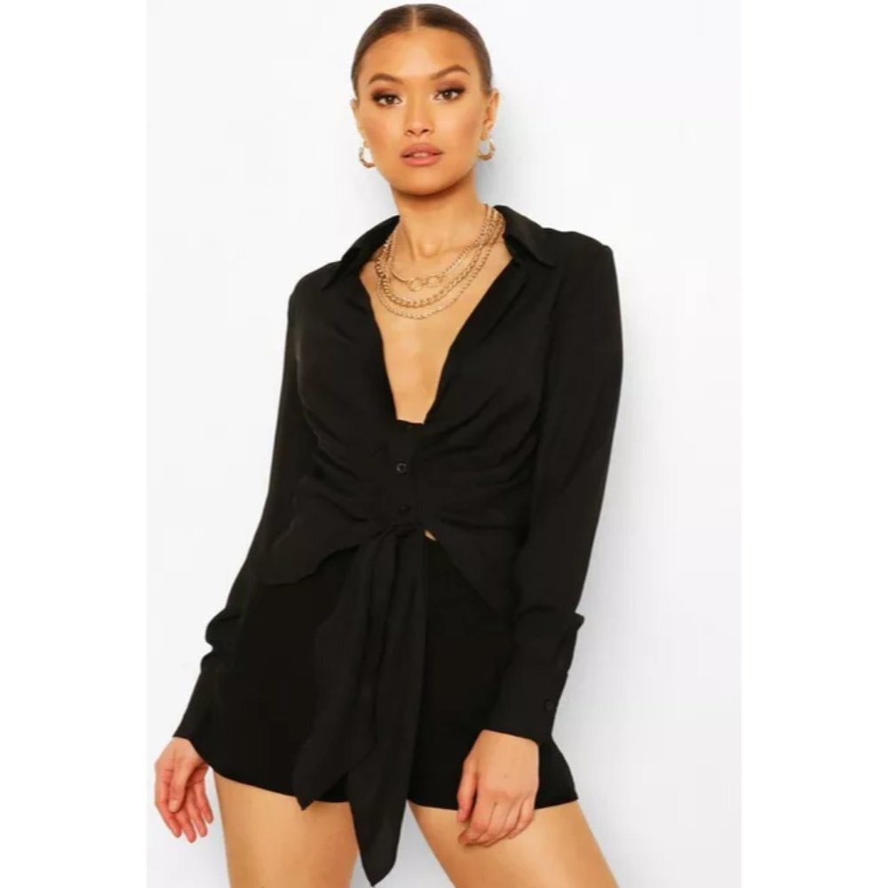 boohoo Black Woven Tie Front plunge neck cropped Shirt size 2 - Picture 15 of 15